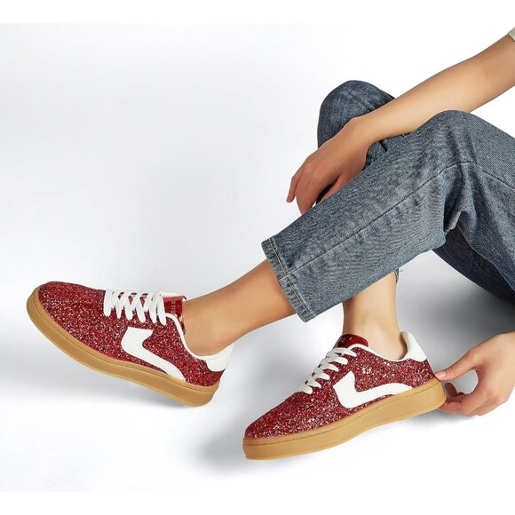 Lucky Step Women Red Casual Sparkly Bling Shiny Dressy Bedazzled Bridal Sneakers - Picture 8 of 9